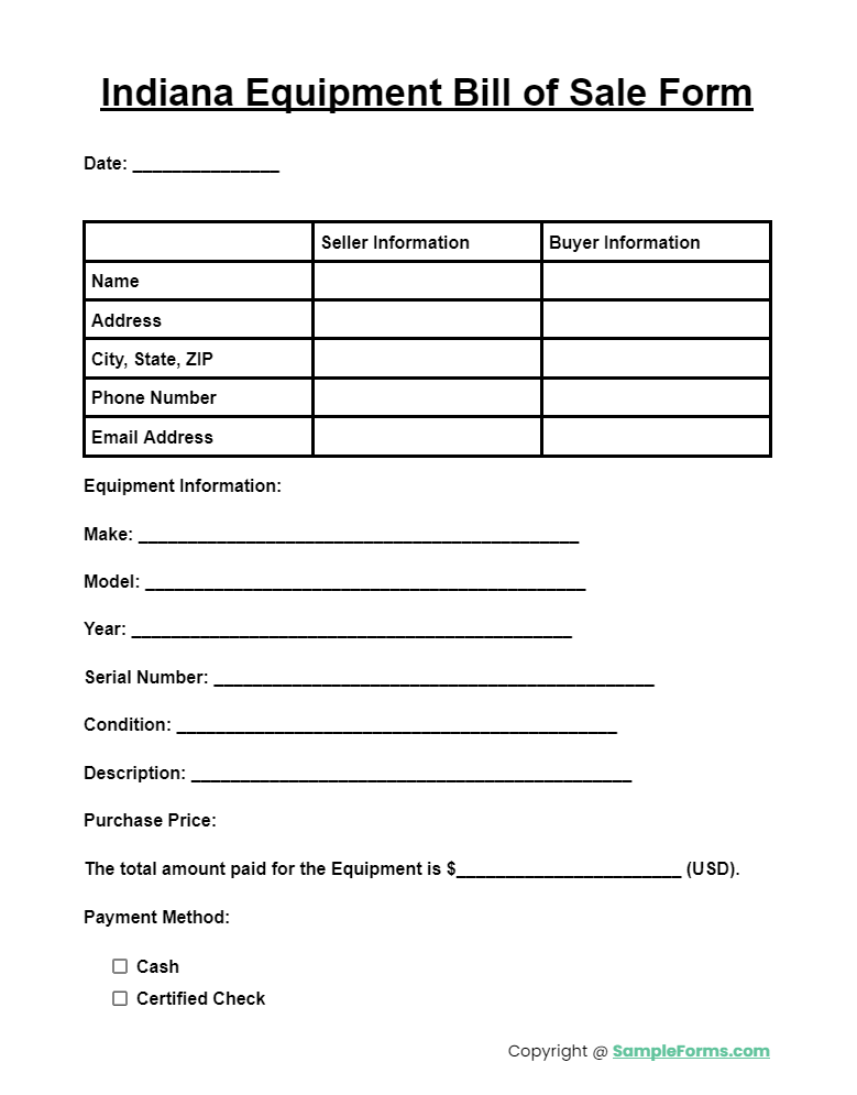 indiana equipment bill of sale form