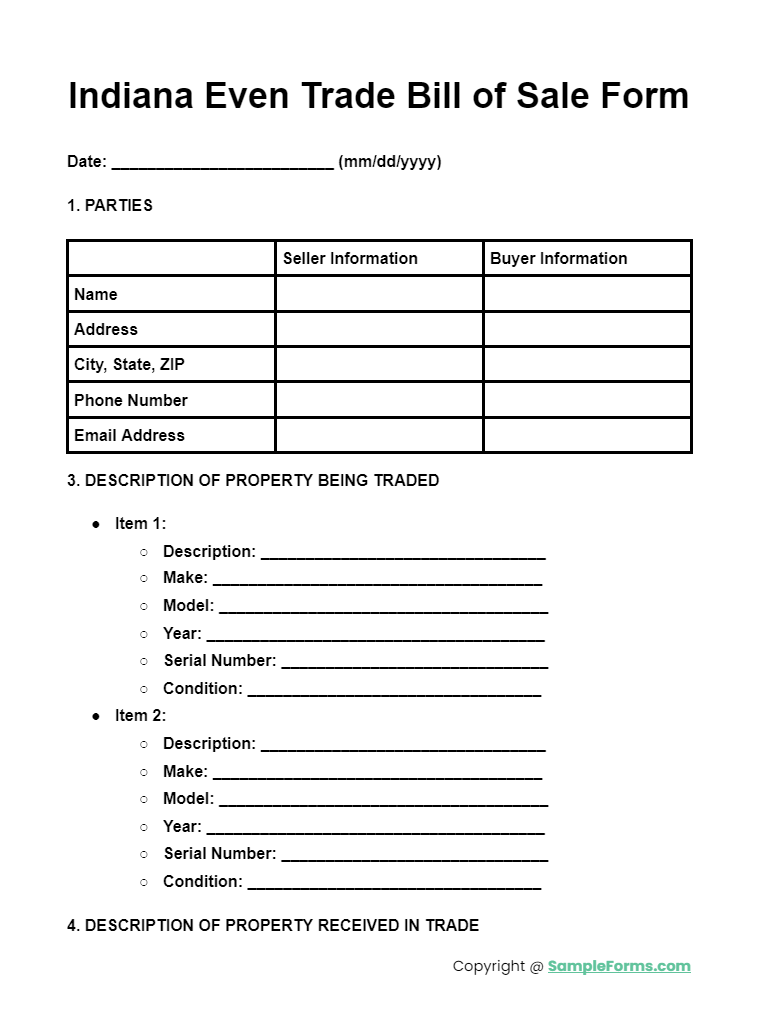 indiana even trade bill of sale form