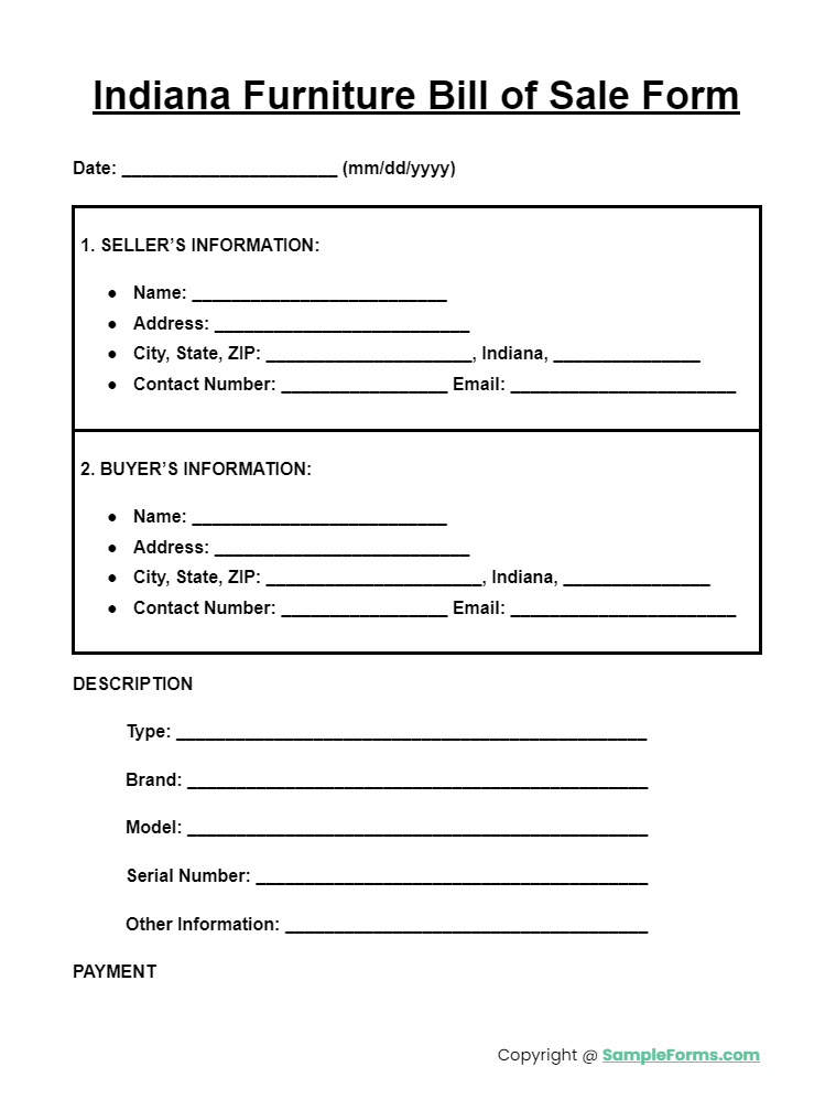 indiana furniture bill of sale form