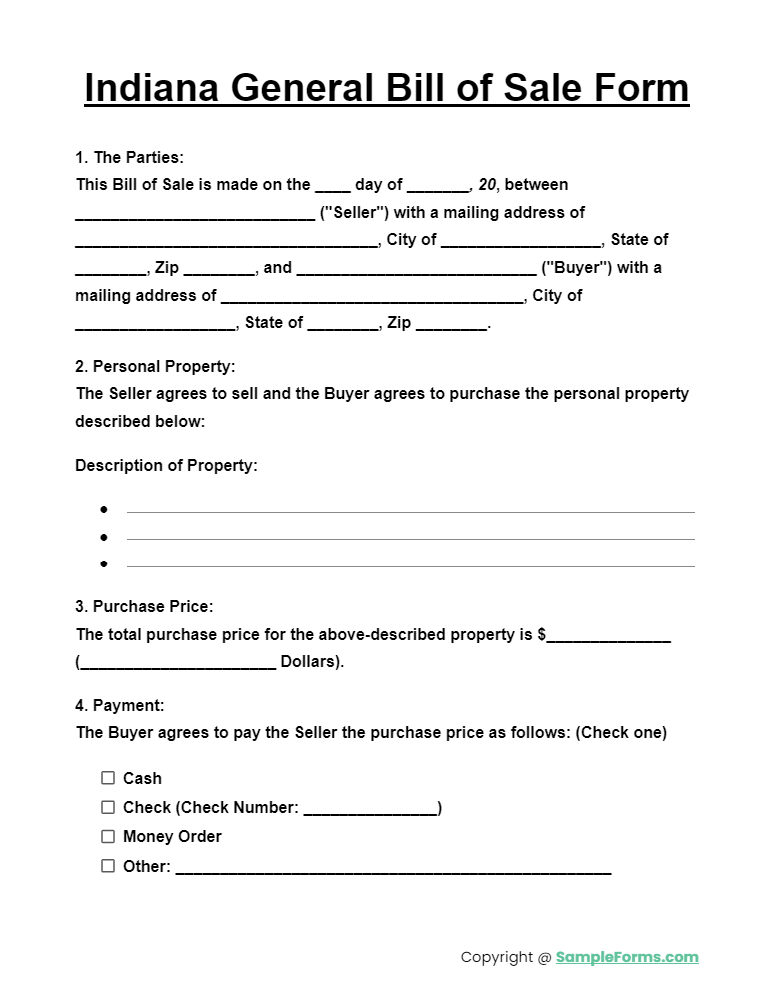 indiana general bill of sale form