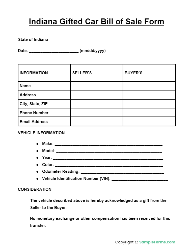 indiana gifted car bill of sale form