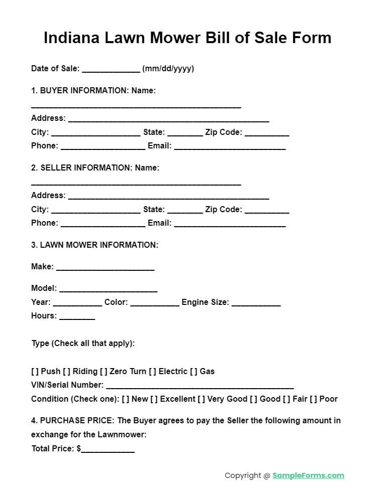 indiana lawn mower bill of sale form