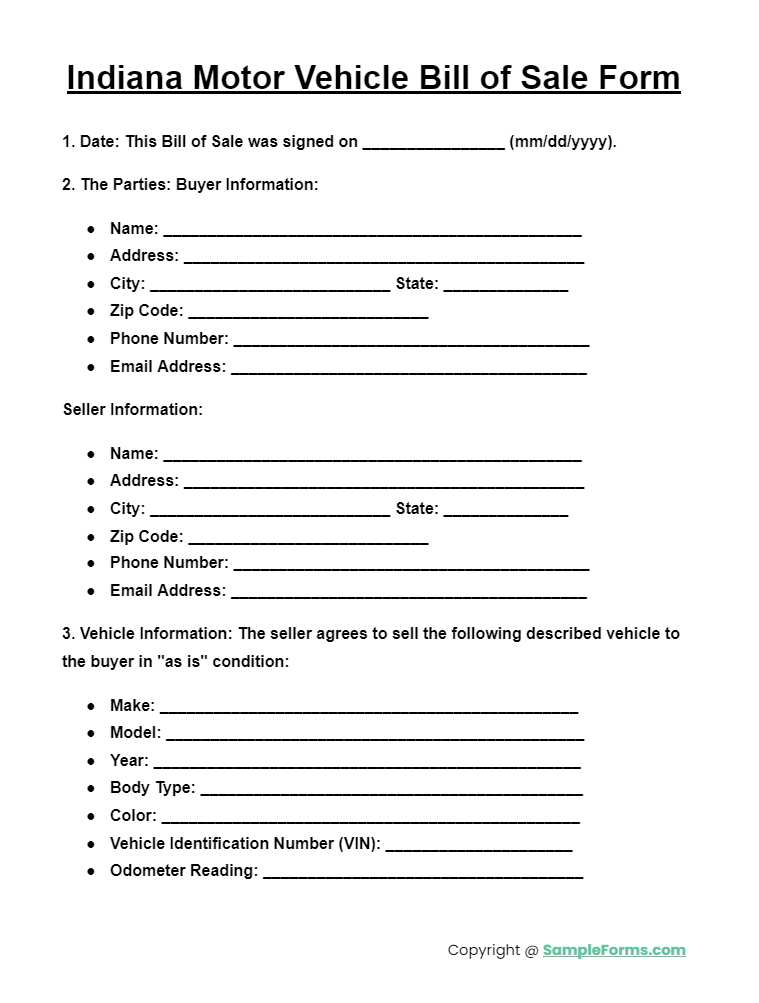 indiana motor vehicle bill of sale form