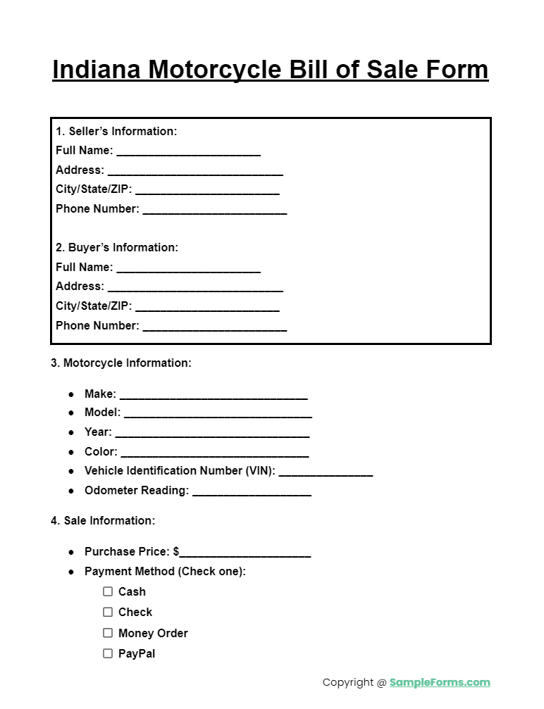 indiana motorcycle bill of sale form