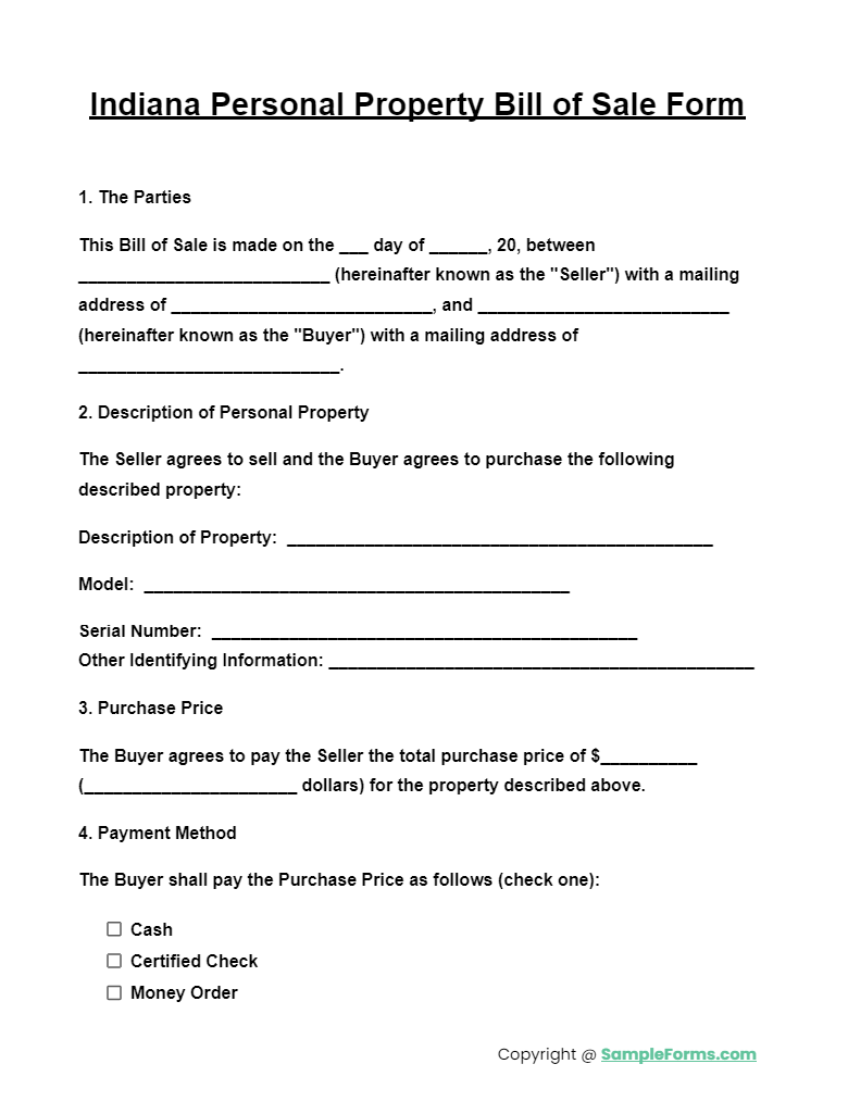 indiana personal property bill of sale form