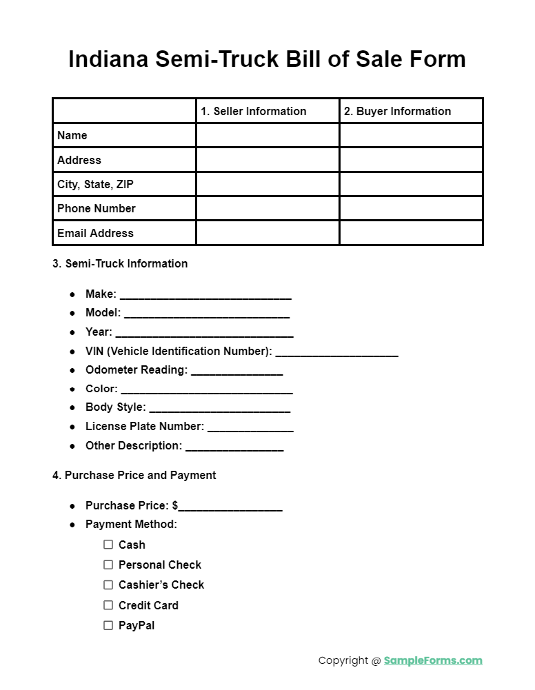 indiana semi truck bill of sale form