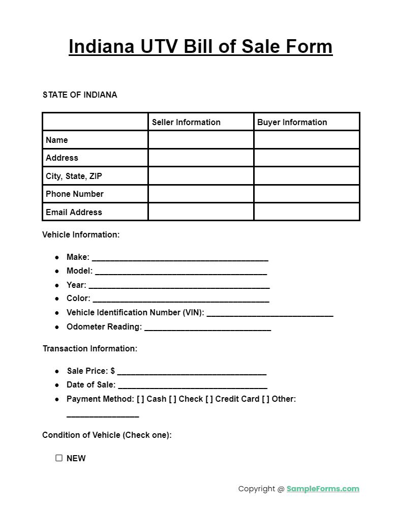 indiana utv bill of sale form