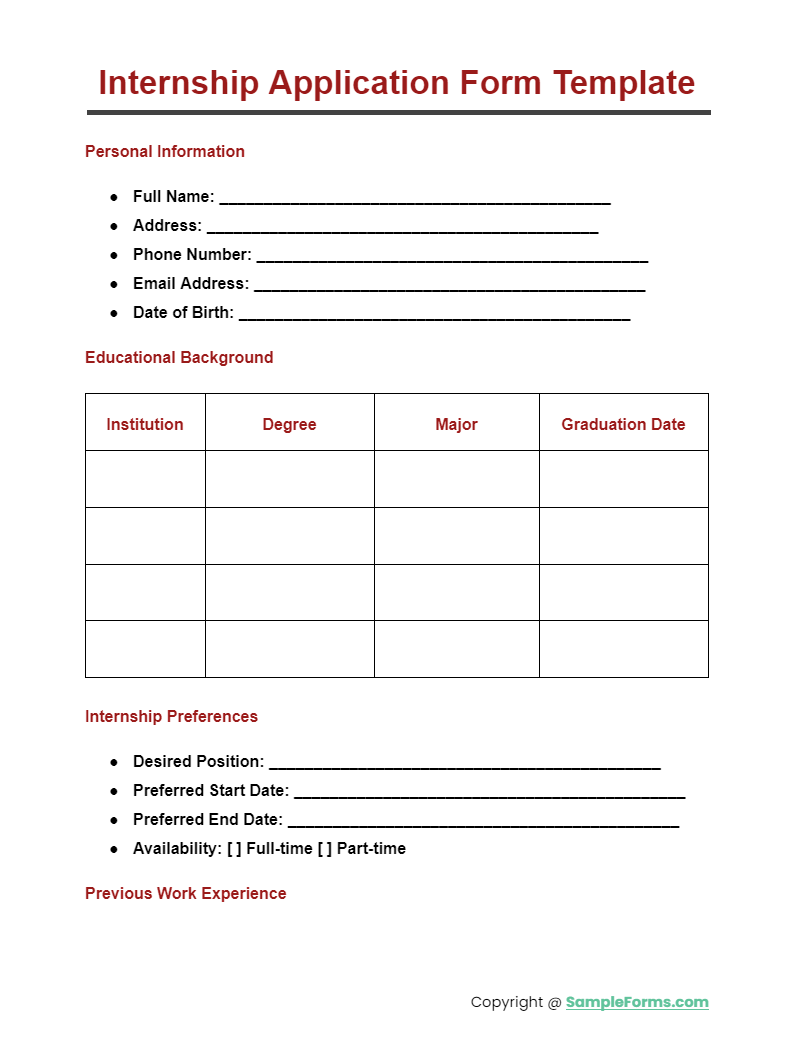internship application form template