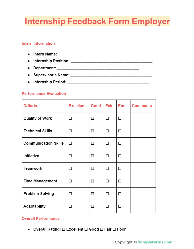 internship feedback form employer