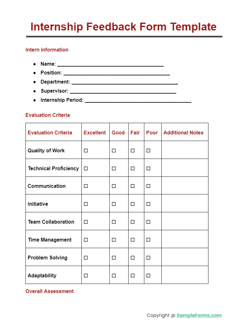 internship feedback form template