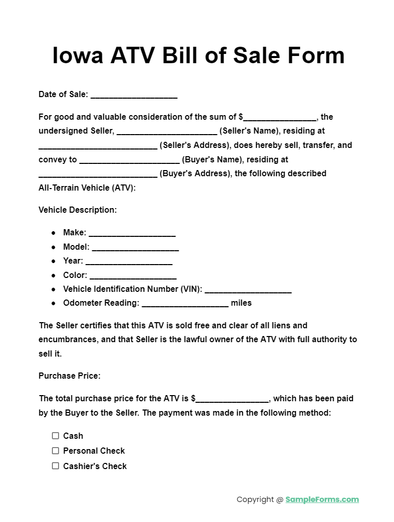 iowa atv bill of sale form