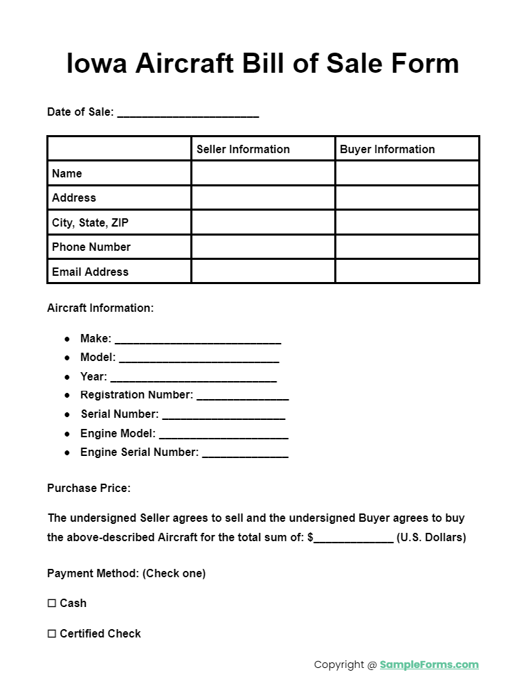 iowa aircraft bill of sale form