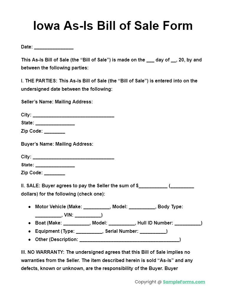 iowa as is bill of sale form