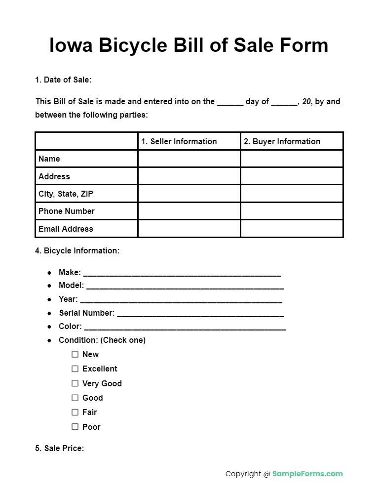 iowa bicycle bill of sale form