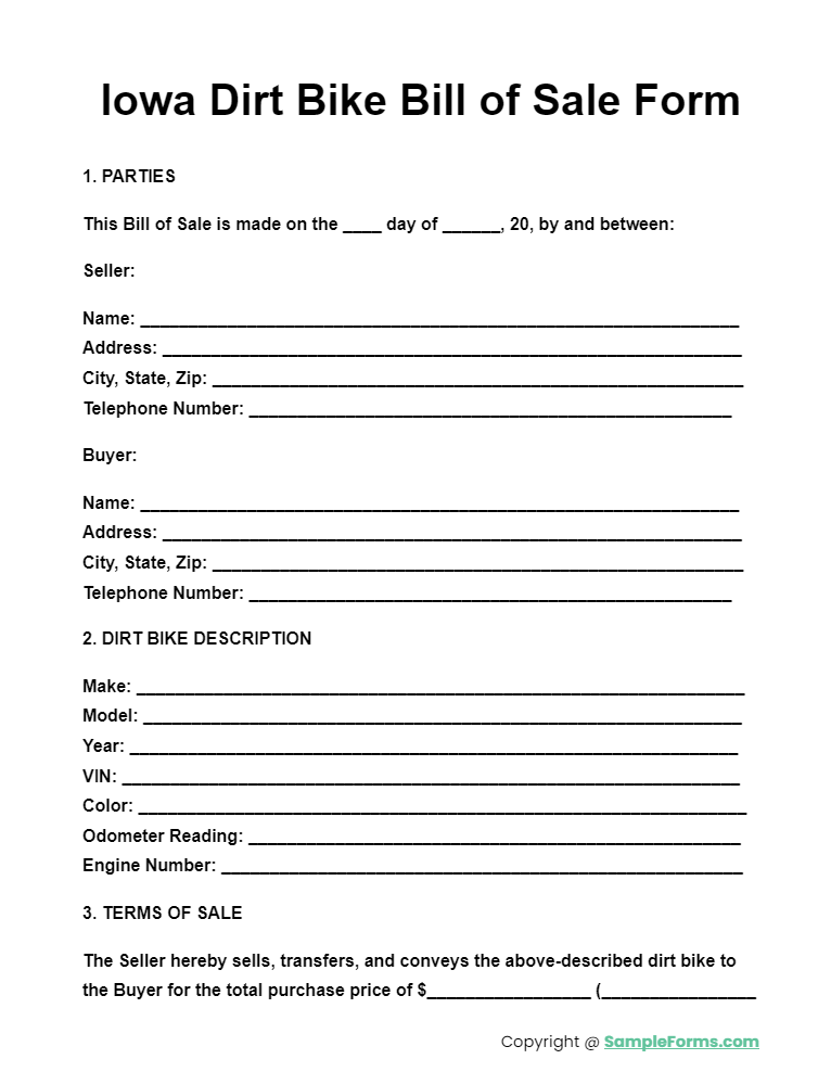 iowa dirt bike bill of sale form