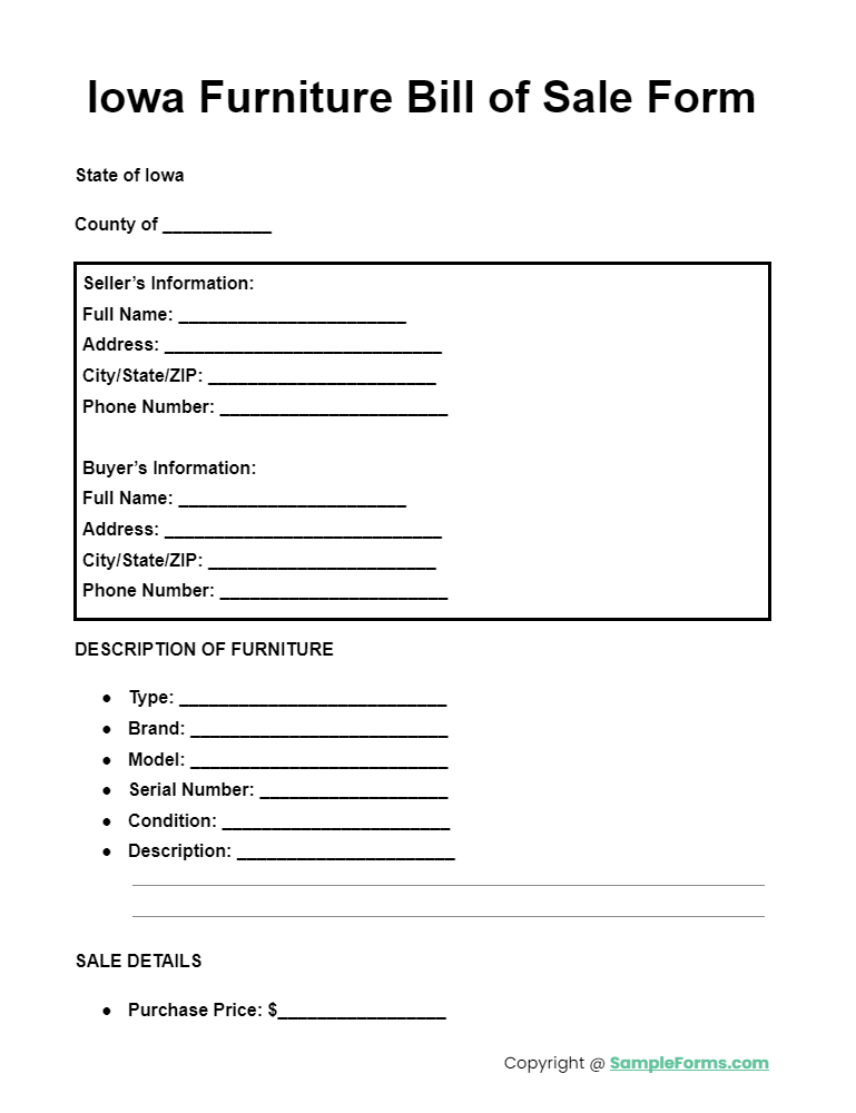 iowa furniture bill of sale form