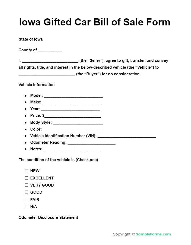 iowa gifted car bill of sale form