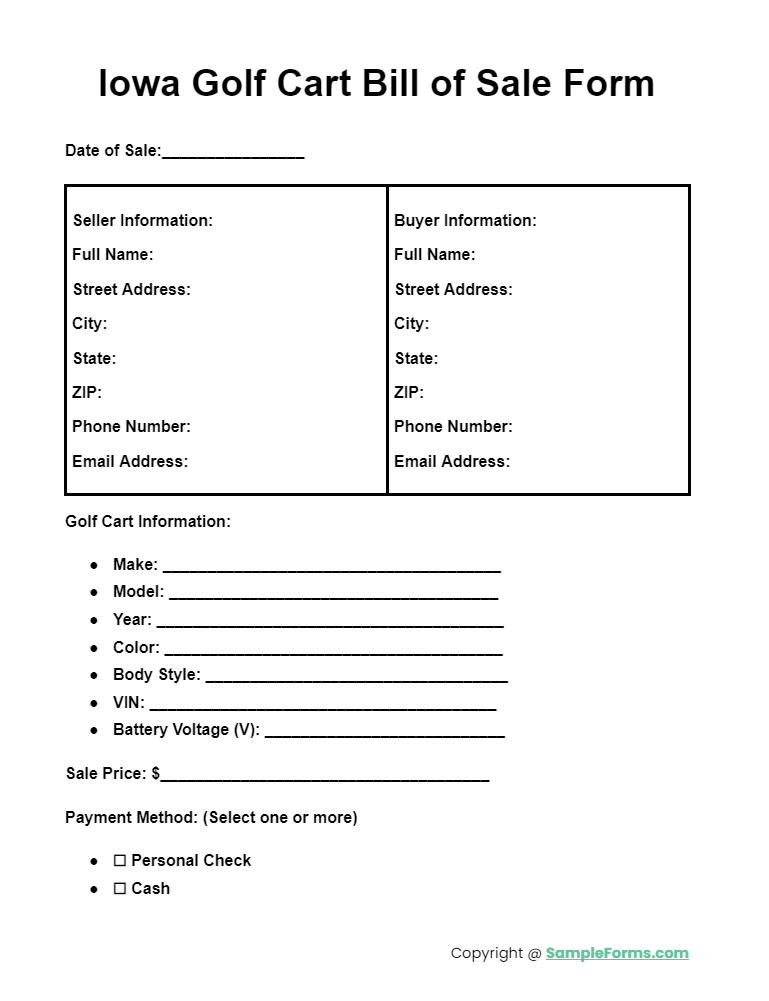 iowa golf cart bill of sale form