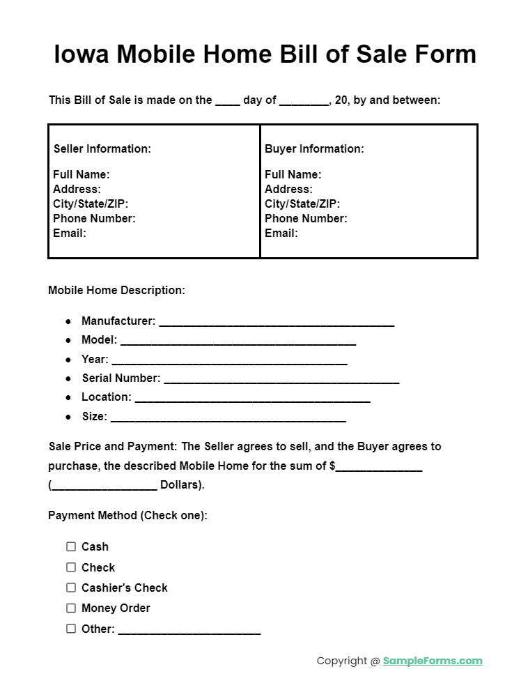 iowa mobile home bill of sale form