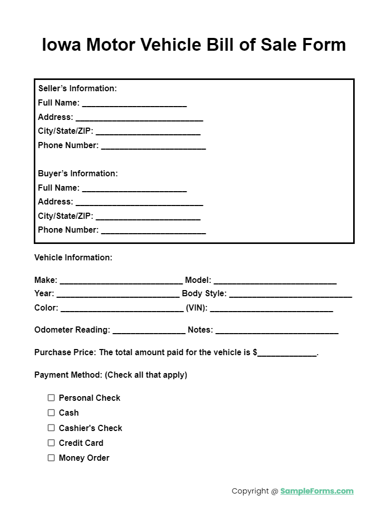 iowa motor vehicle bill of sale form