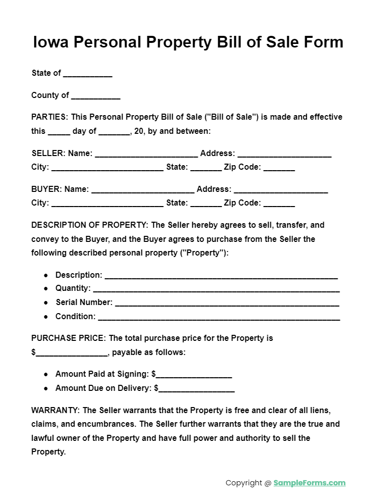 iowa personal property bill of sale form