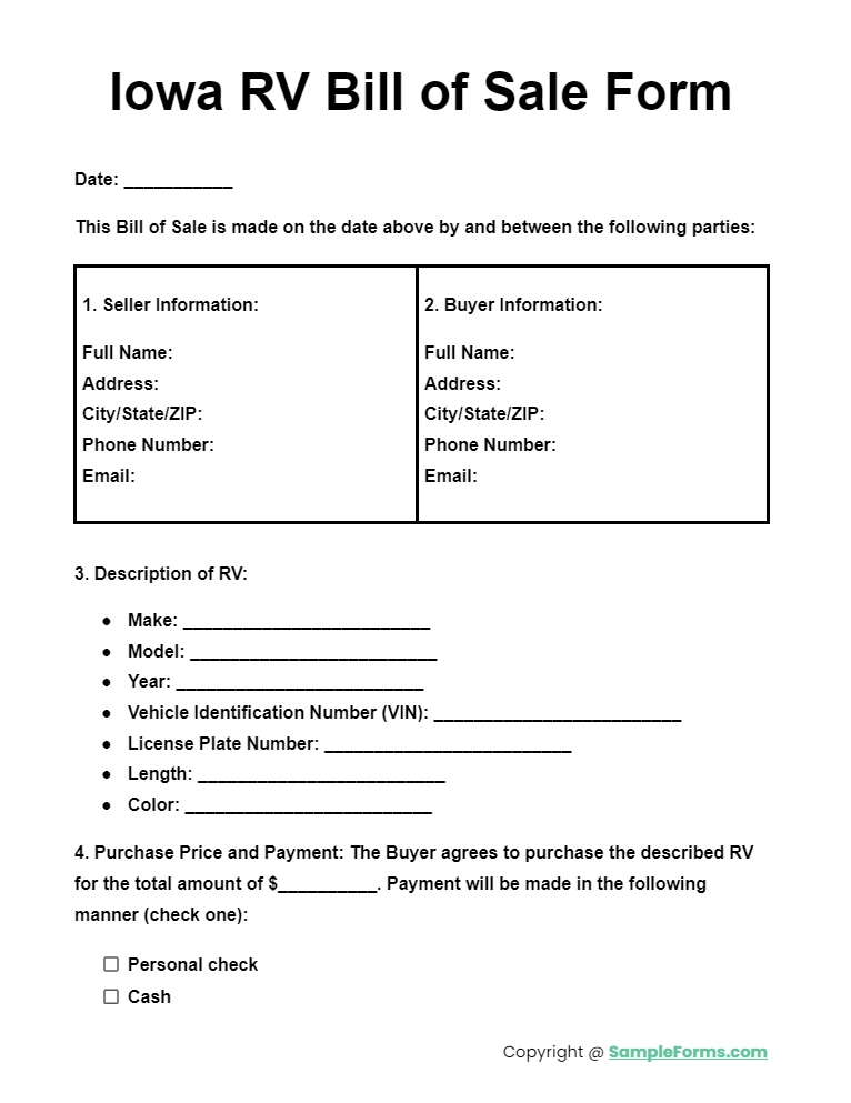 iowa rv bill of sale form