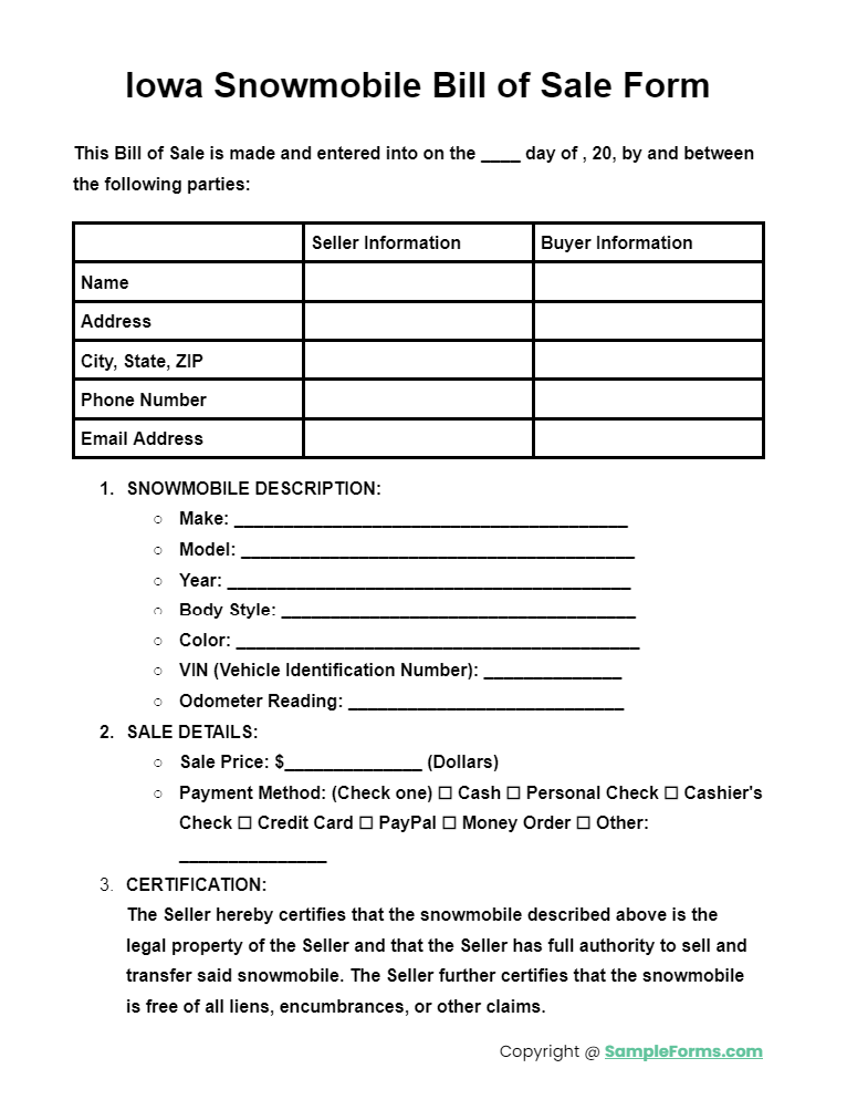 iowa snowmobile bill of sale form