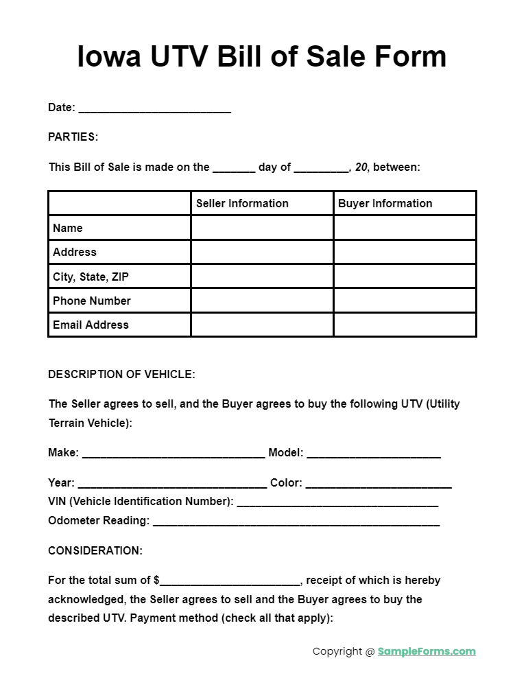 iowa utv bill of sale form