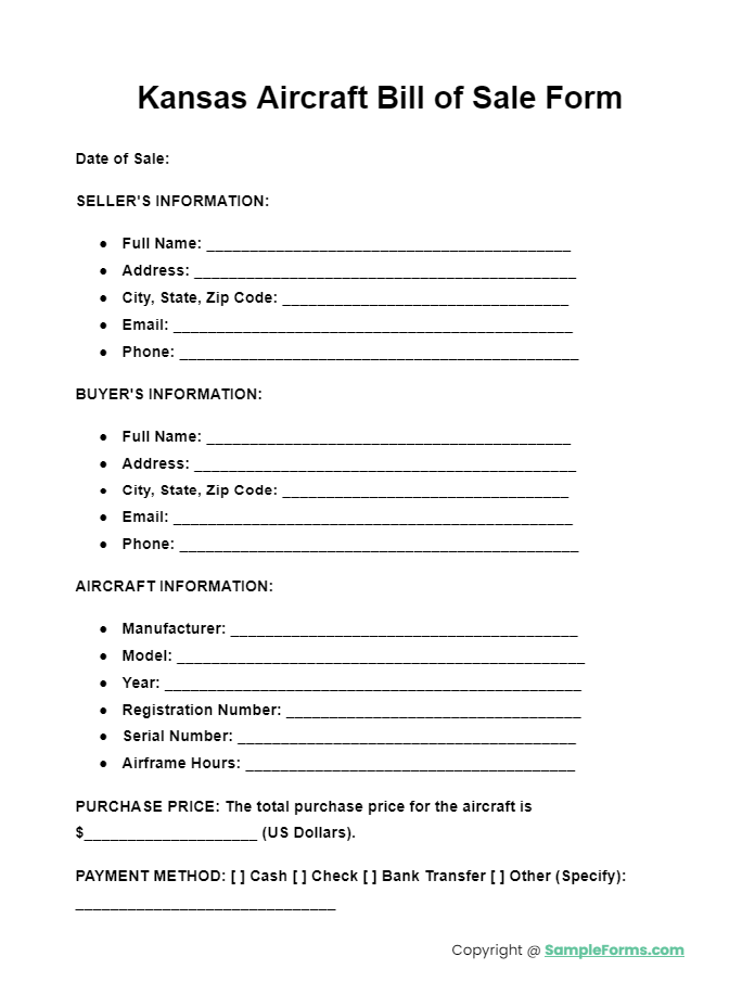 kansas aircraft bill of sale form