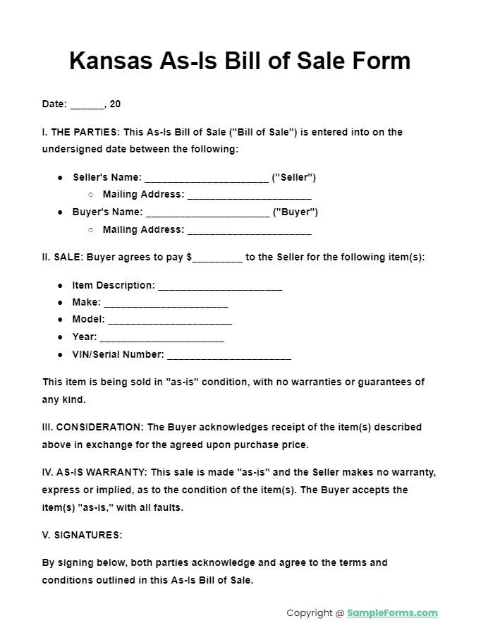 kansas as is bill of sale form