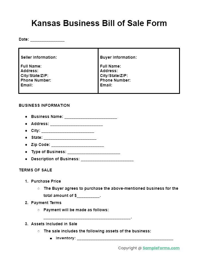 kansas business bill of sale form