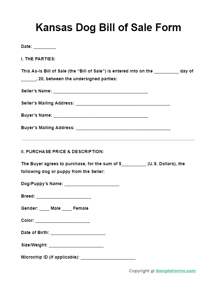 kansas dog bill of sale form