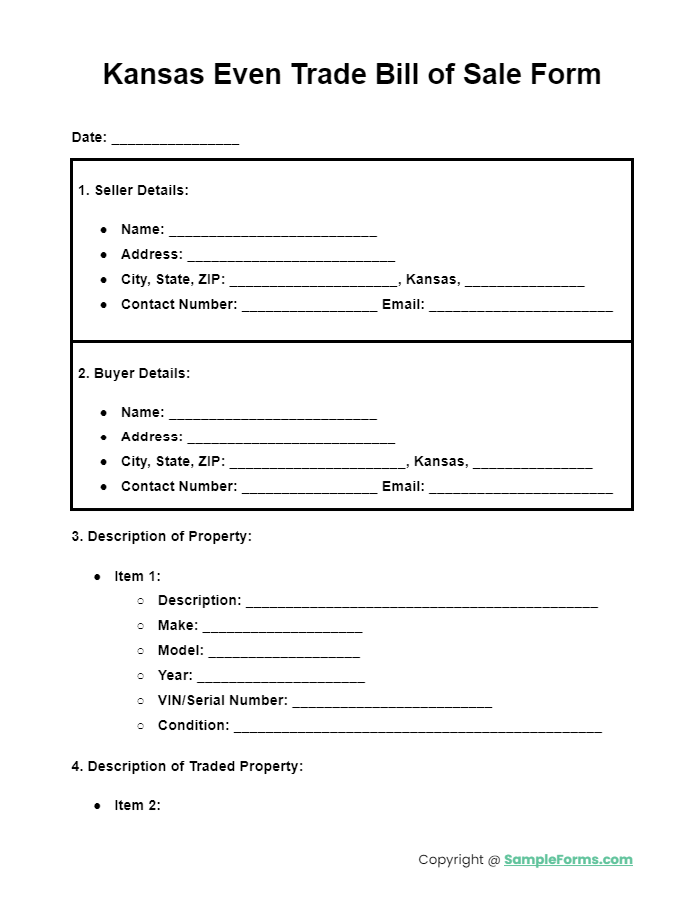 kansas even trade bill of sale form