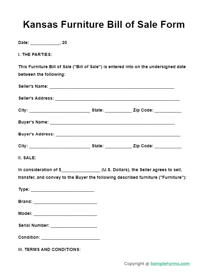 kansas furniture bill of sale form