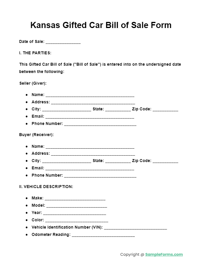 kansas gifted car bill of sale form