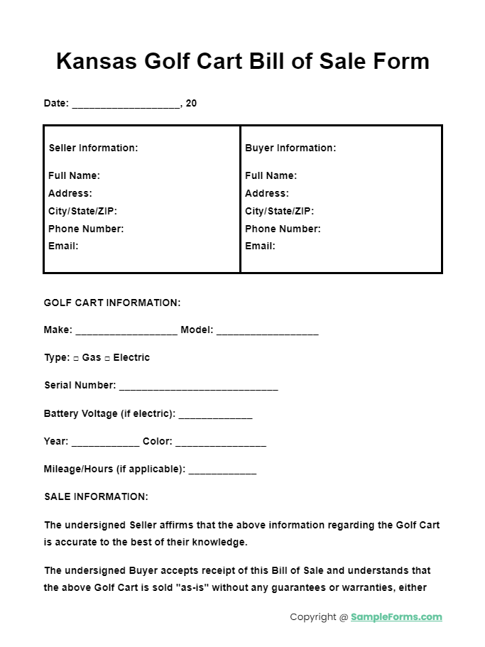 kansas golf cart bill of sale form