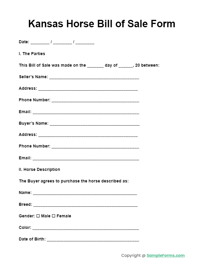 kansas horse bill of sale form