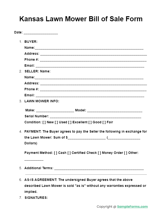 kansas lawn mower bill of sale form