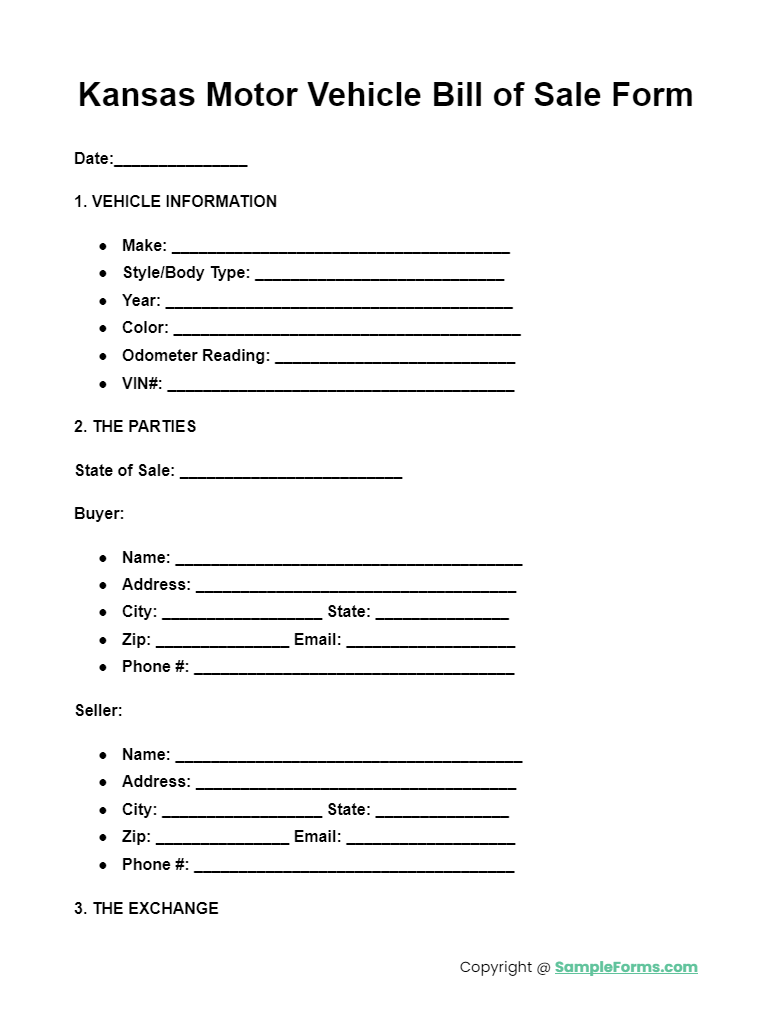 kansas motor vehicle bill of sale form