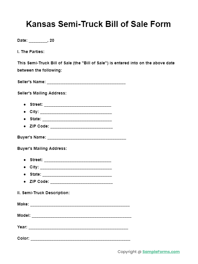 kansas semi truck bill of sale form