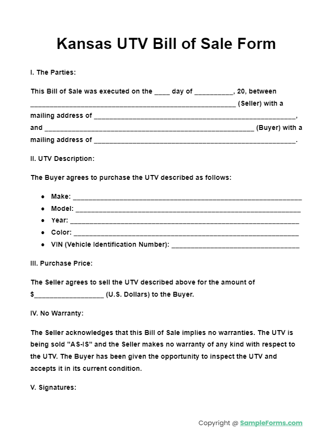 kansas utv bill of sale form