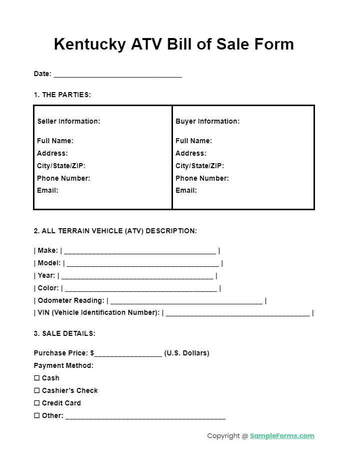 kentucky atv bill of sale form