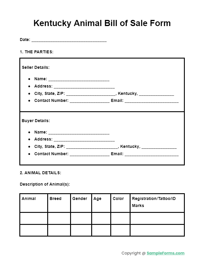 kentucky animal bill of sale form