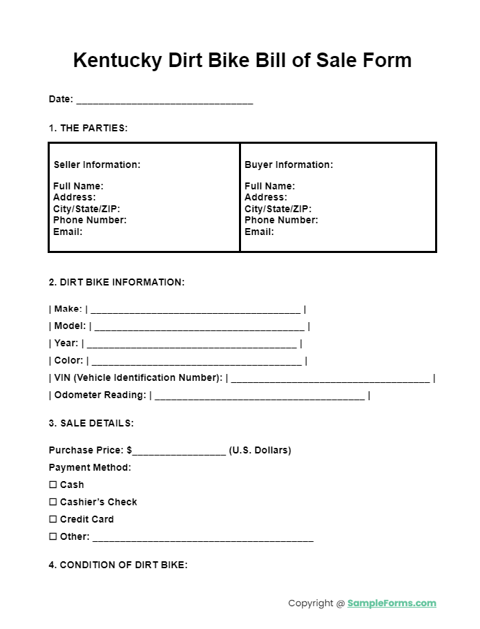 kentucky dirt bike bill of sale form