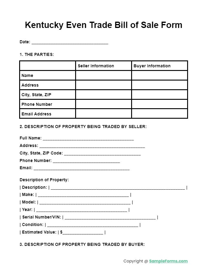 kentucky even trade bill of sale form