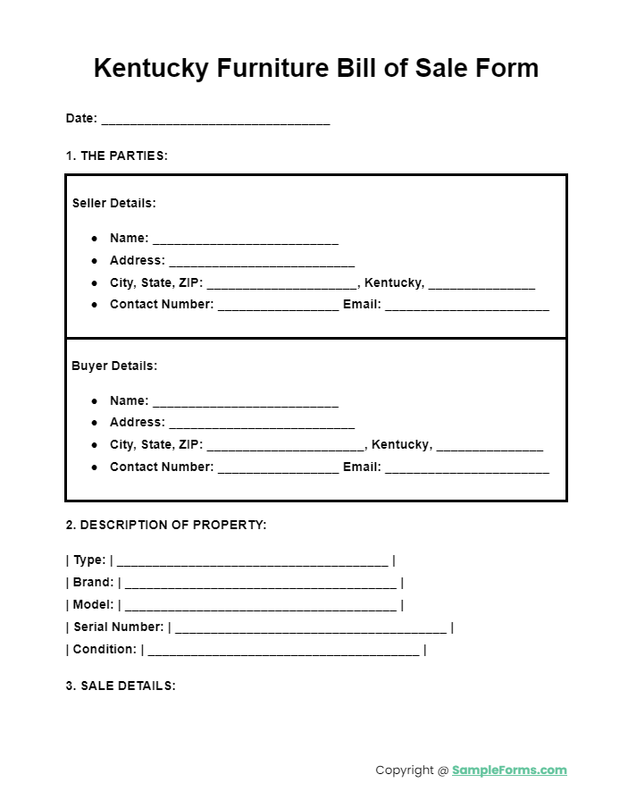 kentucky furniture bill of sale form