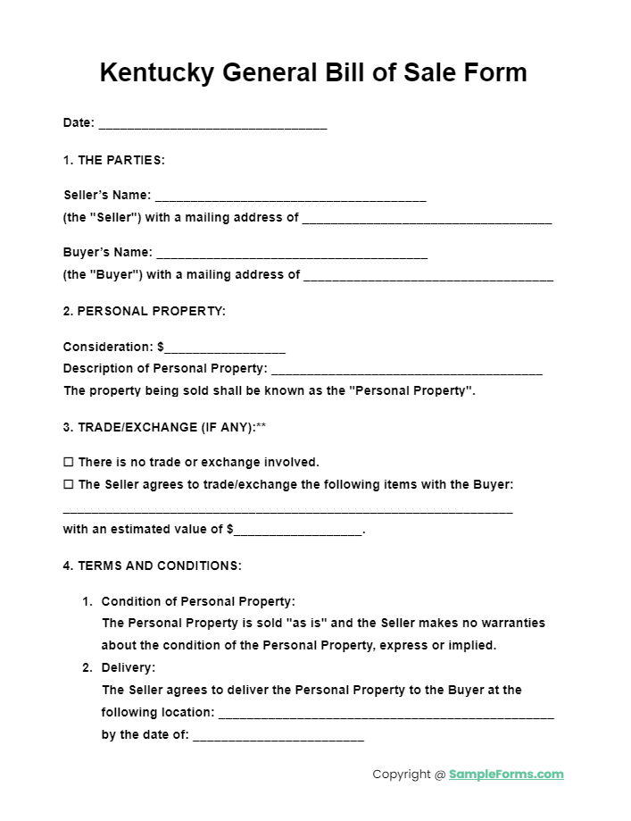 kentucky general bill of sale form