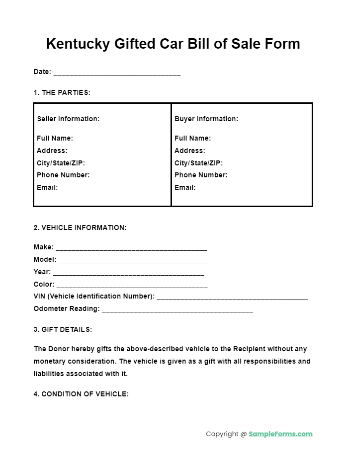 kentucky gifted car bill of sale form