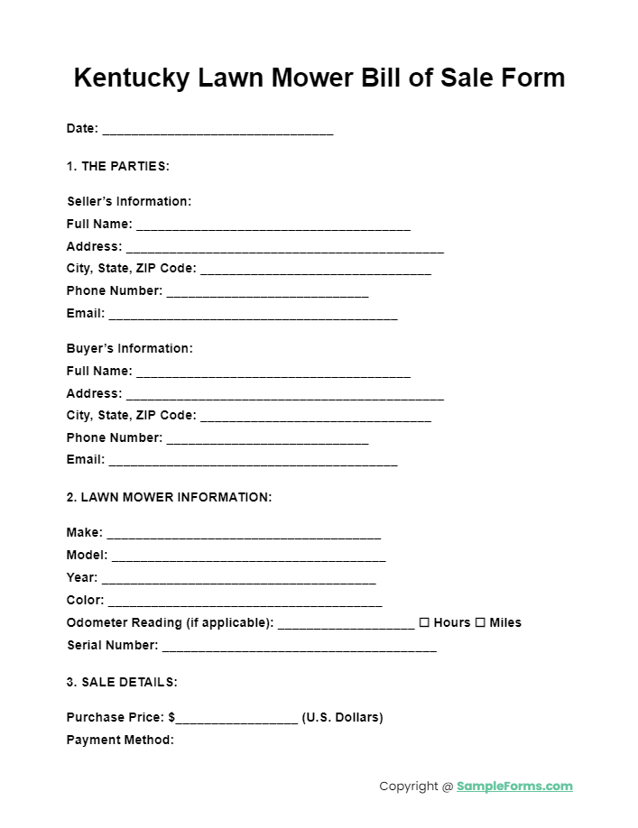 kentucky lawn mower bill of sale form