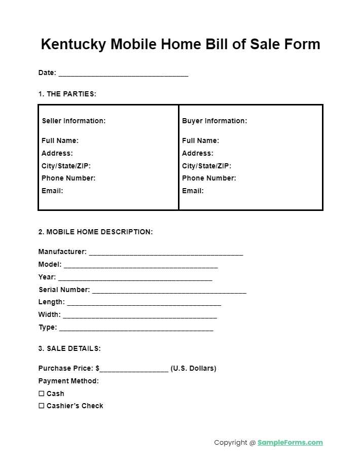 kentucky mobile home bill of sale form